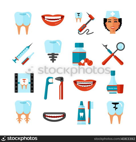 Dental care flat decorative icons set with stomatologist tools teeth care products and white smile symbols isolated vector illustration. Dental Care Icon Set