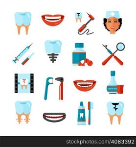 Dental care flat decorative icons set with stomatologist tools teeth care products and white smile symbols isolated vector illustration. Dental Care Icon Set