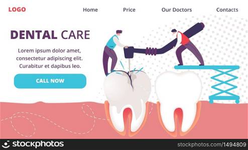 Dental Care Horizontal Banner. Little People Drilling Huge Unhealthy Tooth with Caries Hole. Teeth Treating. Dentists People Working Together on Stomatology Disease. Cartoon Flat Vector Illustration. Little People Drilling Unhealthy Tooth with Caries