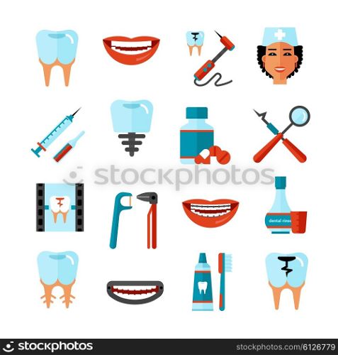 Dental Care Icon Set. Dental care flat decorative icons set with stomatologist tools teeth care products and white smile symbols isolated vector illustration