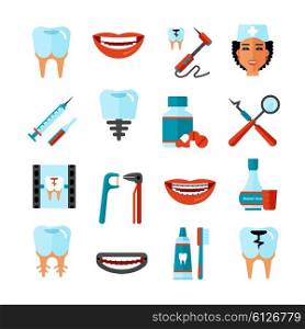 Dental Care Icon Set. Dental care flat decorative icons set with stomatologist tools teeth care products and white smile symbols isolated vector illustration