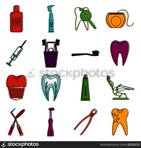 Dental care icons set. Doodle illustration of vector icons isolated on white background for any web design. Dental care icons doodle set
