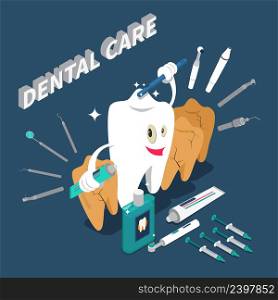 Dental care isometric concept with cartoon character in shape of tooth holding toothpaste and toothbrush vector illustration . Dental Care Isometric Concept