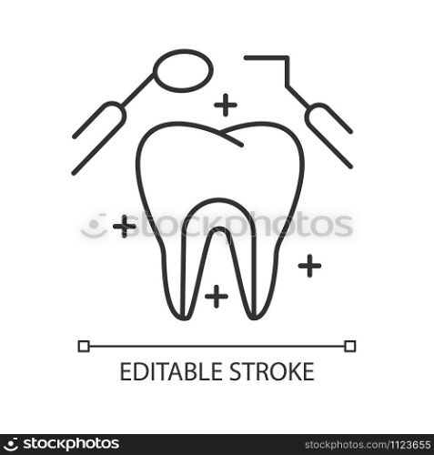Dental care linear icon. Medical procedures. Dentistry. Odontology. Tooth examination. Caries prevention. Thin line illustration. Contour symbol. Vector isolated outline drawing. Editable stroke