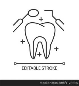 Dental care linear icon. Medical procedures. Dentistry. Odontology. Tooth examination. Caries prevention. Thin line illustration. Contour symbol. Vector isolated outline drawing. Editable stroke