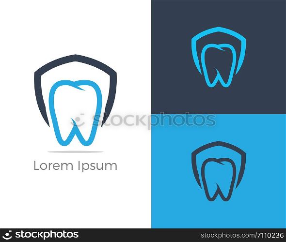 Dental care logo design. Tooth in shield vector illustration. Teeth safety and care.