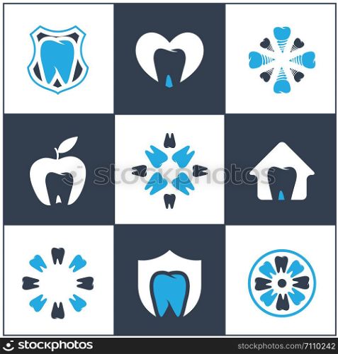 Dental care logo icons set, tooth in shield and flower illustration. Dentist care clinic.