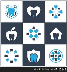 Dental care logo icons set, tooth in shield and flower illustration. Dentist care clinic.