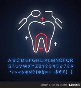 Dental care neon light icon. Medical procedures. Dentistry. Tooth examination. Caries prevention. Toothache checkup. Glowing sign with alphabet, numbers and symbols. Vector isolated illustration