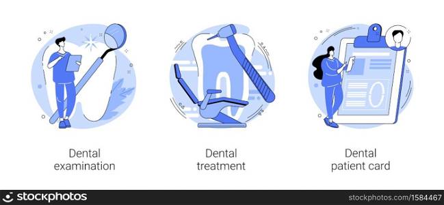 Dental care service abstract concept vector illustration set. Dental examination and treatment, patient card, oral test, dentist chair, toothache emergency help, orthodontic abstract metaphor.. Dental care service abstract concept vector illustrations.