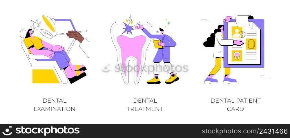 Dental care service abstract concept vector illustration set. Dental examination and treatment, patient card, oral test, dentist chair, toothache emergency help, orthodontic abstract metaphor.. Dental care service abstract concept vector illustrations.