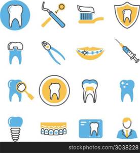 Dental care, services, equipment and products linear vector icons with color elements. Dental care, services, equipment and products linear vector icons with color elements. Stomatology dental icon, care dental, equipment dental illustration