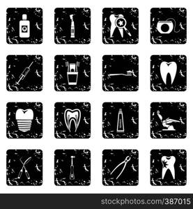 Dental care set icons in grunge style isolated on white background. Vector illustration. Dental care set icons, grunge style