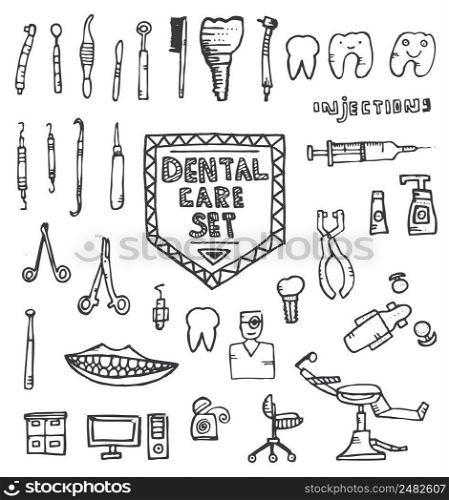Dental Care Set with Different Hand Drawn Icons Isolated on White Background. Vector Illustration.