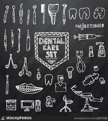 Dental Care Set with Different Hand Drawn Icons on Black Chalk Board. Vector Illustration.