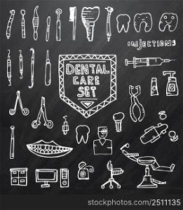 Dental Care Set with Different Hand Drawn Icons on Black Chalk Board. Vector Illustration.