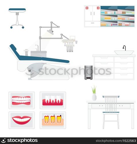 Dental care supply with medical dental and furniture, armchair, table and poster, vector illustration.