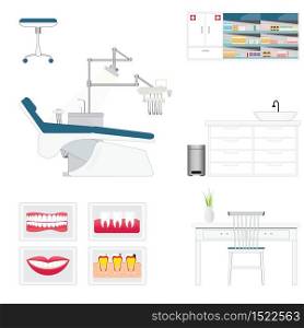 Dental care supply with medical dental and furniture, armchair, table and poster, vector illustration.