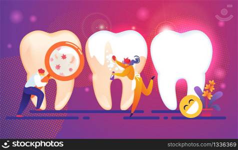 Dental Care Tiny People Characters Concept. Modern Cleanness Treatment Program. Man Watching Through Magnifier Glass on Huge Tooth with Microbes, Woman Brushing Teeth. Cartoon Flat Vector Illustration. Dental Care Tiny People Characters Concept. Teeth.