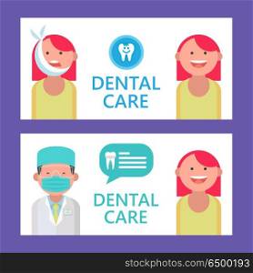 Dental care. Vector illustration.. Dental care. Vector illustration with place for text. For the design of flyers and brochures dental clinic. Dentist and patient with toothache.
