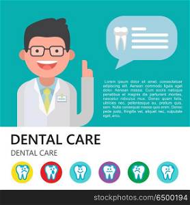 Dental care. Vector illustration.. Dental care. Vector illustration with place for text. To design flyers and brochures in dental clinics. Dentist invites you to be treated in the clinic. Icon set sick and healthy teeth.