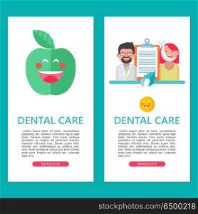 Dental care. Vector illustration.. Dental care. Vector illustration with place for text. For the design of flyers and brochures dental clinic. Dentist and patient. Cheerful green Apple.
