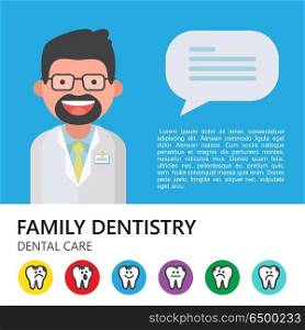 Dental care. Vector illustration.. Dental care. Vector illustration with place for text. To design flyers and brochures in dental clinics. Dentist invites you to be treated in the clinic. Icon set sick and healthy teeth.