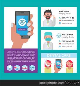 Dental care. Vector illustration.. Dental care. Vector illustration with place for text. For the design of flyers and brochures dental clinic. Dentist and patient with toothache. Flyer and business card template. Set of icons of dentistry. Mobile application for dentistry.