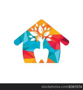 Dental care vector logo template. Teeth and hand tree with home icon design. 