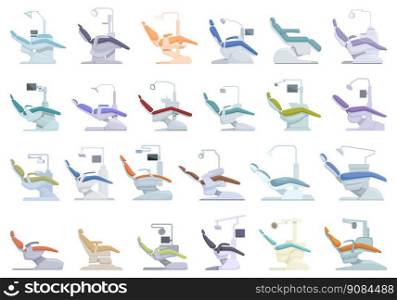 Dental chair icons set cartoon vector. Medical device. Dental equipment. Dental chair icons set cartoon vector. Medical device
