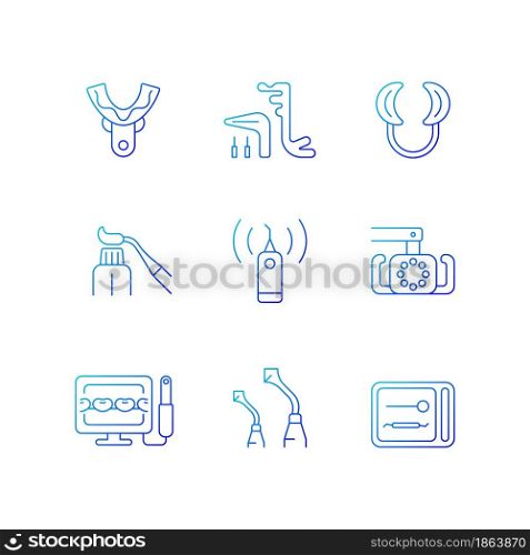 Dental check up gradient linear vector icons set. Medical devices. Impression tray. Implant maintenance. Lip retractor. Thin line contour symbols bundle. Isolated outline illustrations collection. Dental check up gradient linear vector icons set