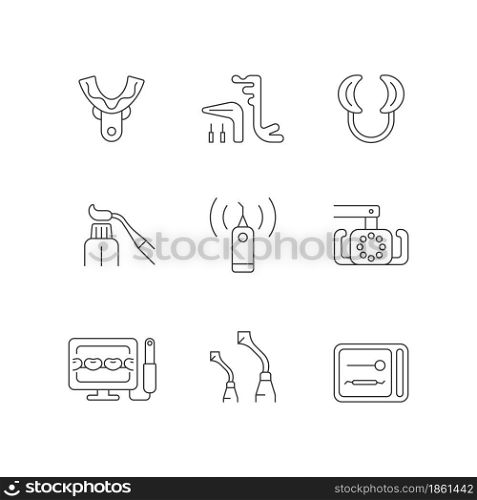 Dental check up linear icons set. Medical devices. Impression tray. Implant maintenance. Lip retractor. Customizable thin line contour symbols. Isolated vector outline illustrations. Editable stroke. Dental check up linear icons set