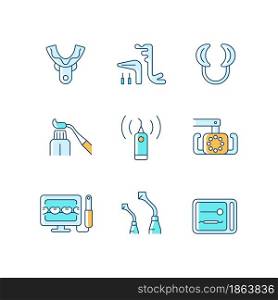 Dental check up RGB color icons set. Medical devices. Impression tray. Implant maintenance. Lip retractor. Tooth cleaner. Isolated vector illustrations. Simple filled line drawings collection. Dental check up RGB color icons set