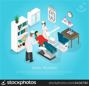 Dental Checkups Procedure Treatment Isometric Poster . Medical oral treatment in dentist clinic with patient in the chair and assistant isometric abstract vector illustration