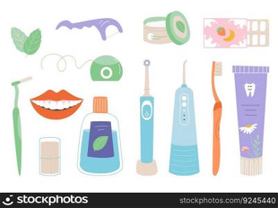 Dental cleaning tools and mouth. Toothpaste, freshener and brushes. Mouthwash bottle, clean tooth instrument for home care. Classy dentist vector set of health equipment for hygiene illustration. Dental cleaning tools and mouth. Toothpaste, freshener and brushes. Mouthwash bottle, clean tooth instrument for home care. Classy dentist vector set