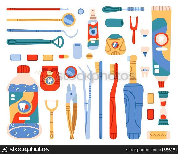 Dental cleaning tools. Toothbrush, toothpaste, dental floss, mouth cleaning and oral hygiene hand drawn tools. Dental care vector illustration set. Dentistry with instruments for healthy teeth. Dental cleaning tools. Toothbrush, toothpaste, dental floss, mouth cleaning and oral hygiene hand drawn tools. Dental care vector illustration set