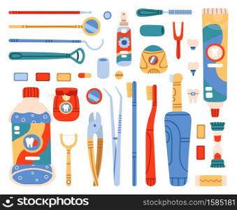 Dental cleaning tools. Toothbrush, toothpaste, dental floss, mouth cleaning and oral hygiene hand drawn tools. Dental care vector illustration set. Dentistry with instruments for healthy teeth. Dental cleaning tools. Toothbrush, toothpaste, dental floss, mouth cleaning and oral hygiene hand drawn tools. Dental care vector illustration set