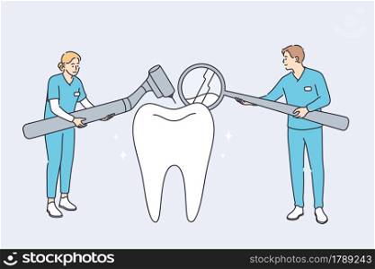 Dental clinic and healthcare concept. Woman and man dentists cartoon characters standing examining state of huge human tooth together vector illustration . Dental clinic and healthcare concept.