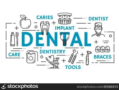 Dental clinic banner with tooth health, oral hygiene and dentistry medicine thin line icon. Dentist doctor tool, tooth, implant and braces, toothbrush, toothpaste and caries cavity poster design. Dentistry medicine banner of dental thin line icon