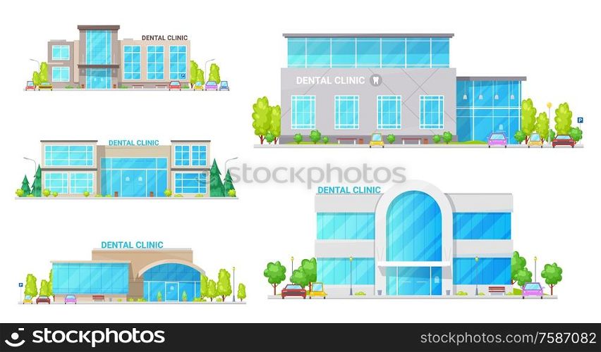 Dental clinic buildings vector design of dentist office constructions. Medical hospital and health center icons, healthcare buildings of emergency care with modern exteriors of glass facade and window. Dental clinic, hospital, dentist office buildings