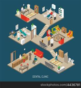 Dental Clinic Concept Isometric Banner. Dental practice clinic building isometric composition poster with operation room doctor office and reception abstract vector illustration