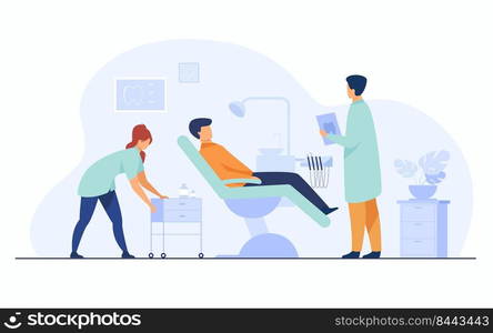 Dental clinic concept. Patient visiting dentist office, sitting in chair while doctor examining him with nurse assistance, holding report and discussing treatment. Flat cartoon characters