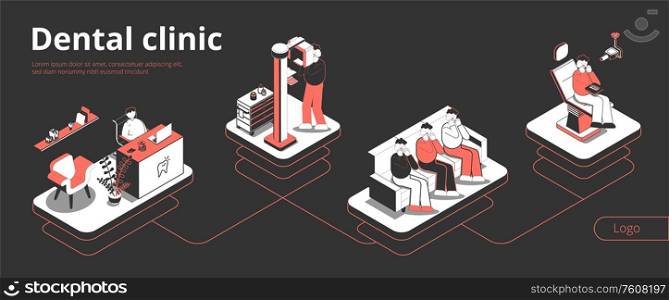 Dental clinic isometric flowchart with reception waiting room xray patient in dentist chair black background vector illustration