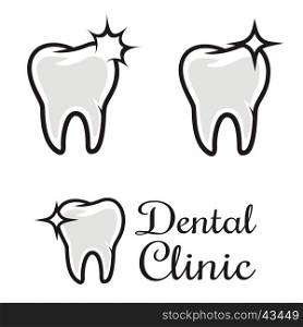 Dental clinic logo template. Human tooth with flare. Design element for badge, emblem, sign. Vector illustration.
