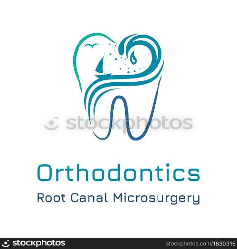 Dental clinic logo template with tooth outline and ocean waves concept. Orthodontic services and healthcare. Dental clinic logo template with tooth outline and ocean waves concept.