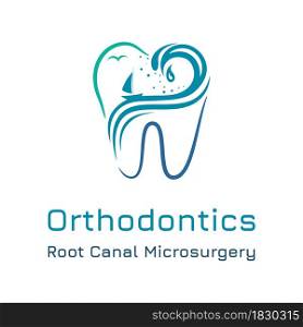 Dental clinic logo template with tooth outline and ocean waves concept. Orthodontic services and healthcare. Dental clinic logo template with tooth outline and ocean waves concept.