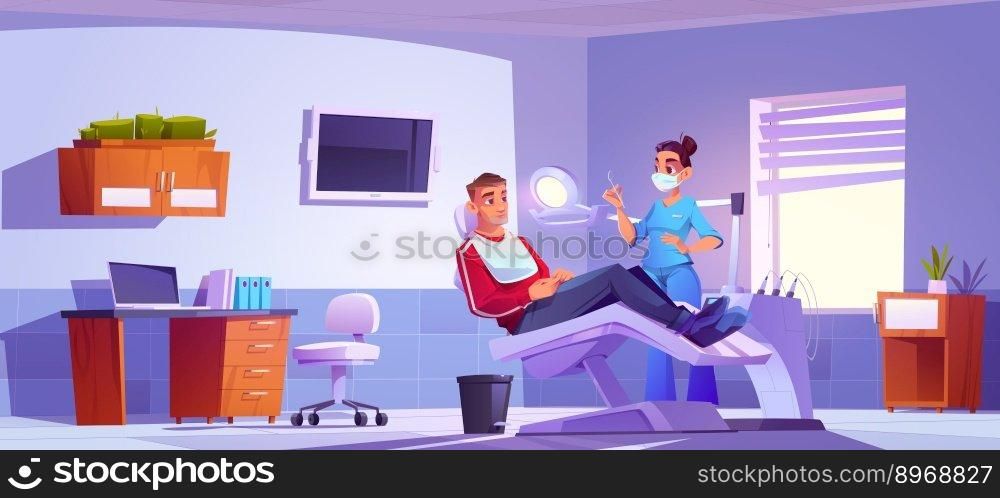 Dental clinic room in hospital. Female dentist with man patient take care of toothache in cabinet. Orthodontist appointment in stomatology office. Consulting oral checkup and diagnostic.. Dentist with patient care of toothache in cabinet
