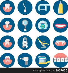 Dental clinic services flat vector icons. Dental clinic services flat vector icons. Health care dental and medicine tools for medical dental service illustration