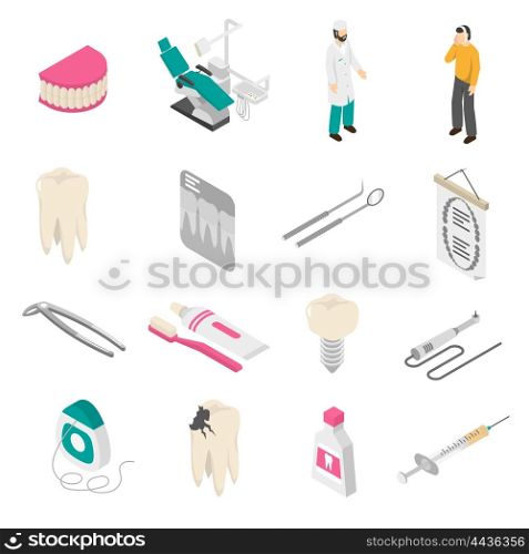 Dental Color Icons. Set of color isometric icons about dentist patient tools vector illustration.