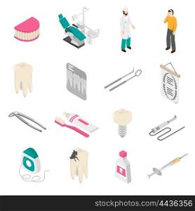 Dental Color Icons. Set of color isometric icons about dentist patient tools vector illustration.